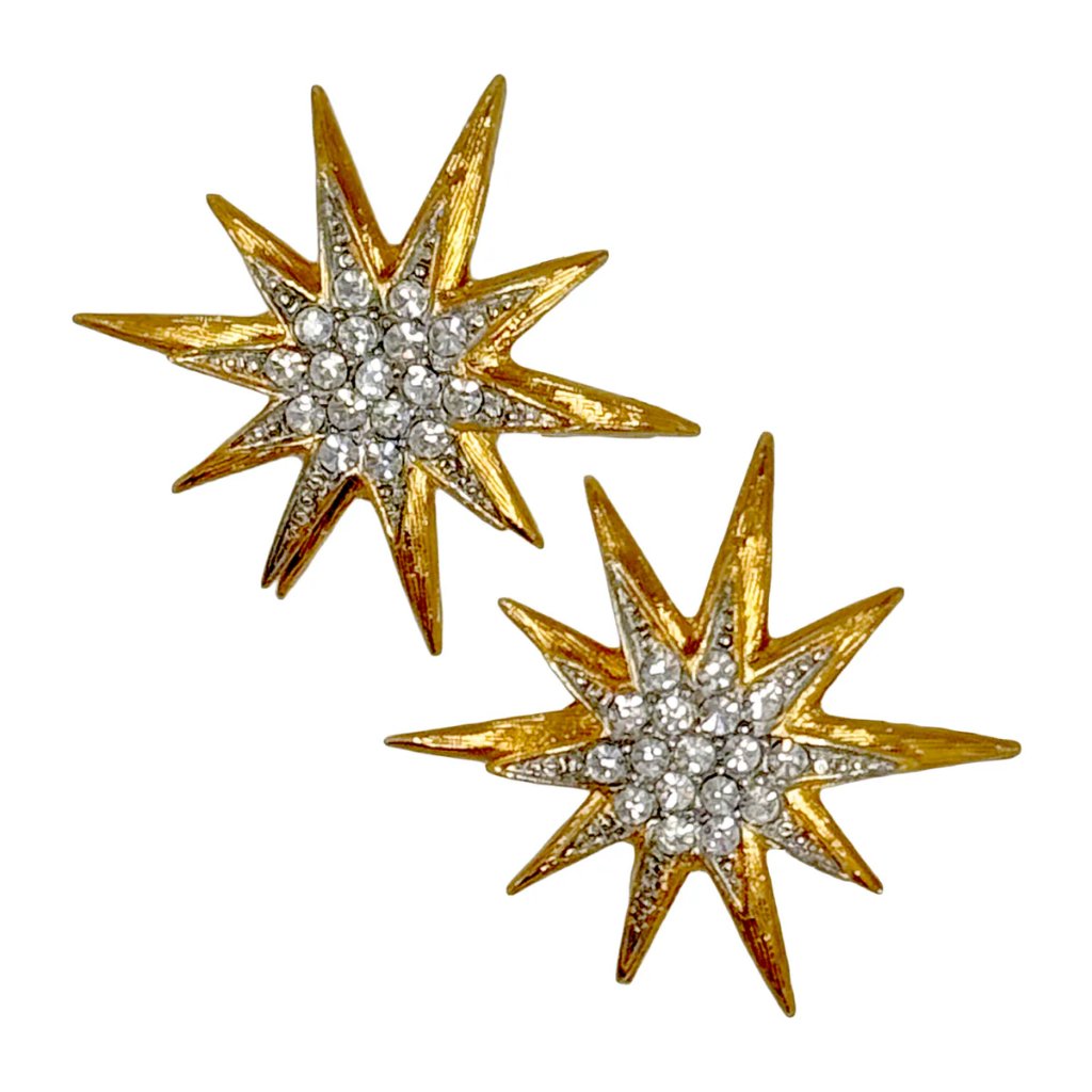 Kenneth Jay Lane 22k Gold Silver Plated Starburst Post Earrings With Crystals